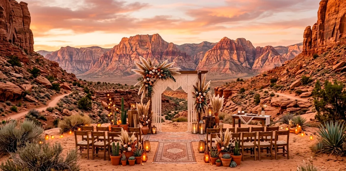 Beautiful boho desert wedding setup with terracotta and pampas grass at sunset.