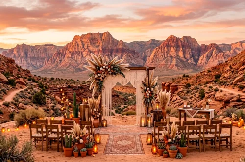 Beautiful boho desert wedding setup with terracotta and pampas grass at sunset.