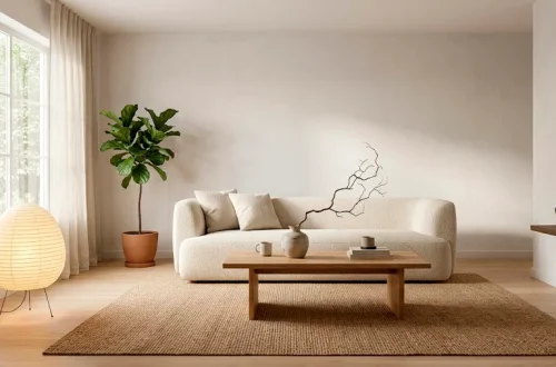 Wide view of a highly realistic Japandi living room with a low-profile cream sofa, oak coffee table, and soft paper lighting.