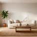 Wide view of a highly realistic Japandi living room with a low-profile cream sofa, oak coffee table, and soft paper lighting.