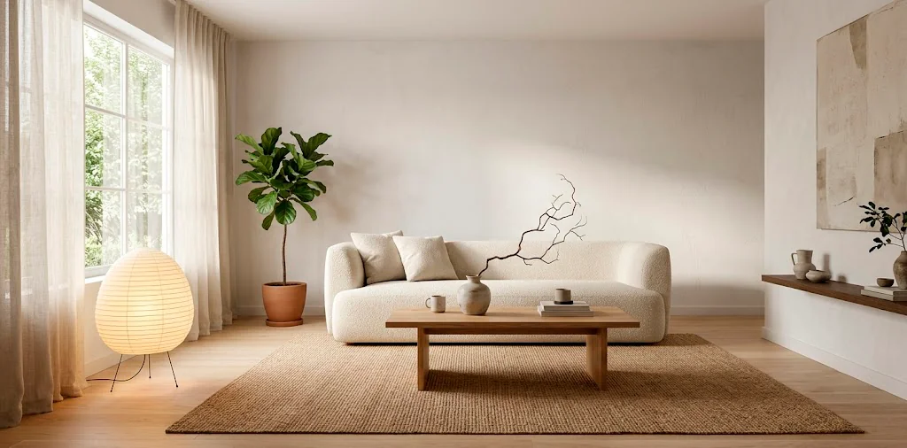 Wide view of a highly realistic Japandi living room with a low-profile cream sofa, oak coffee table, and soft paper lighting.