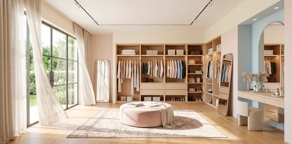 A brightly lit, sun-drenched modern dressing room with large windows and sheer curtains