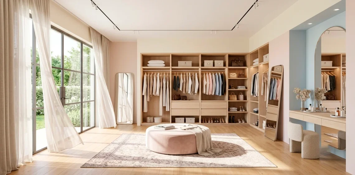 A brightly lit, sun-drenched modern dressing room with large windows and sheer curtains