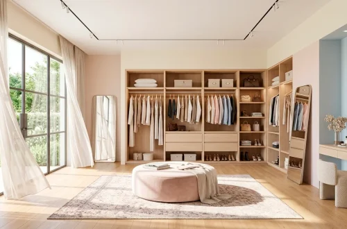 A brightly lit, sun-drenched modern dressing room with large windows and sheer curtains