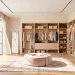 A brightly lit, sun-drenched modern dressing room with large windows and sheer curtains