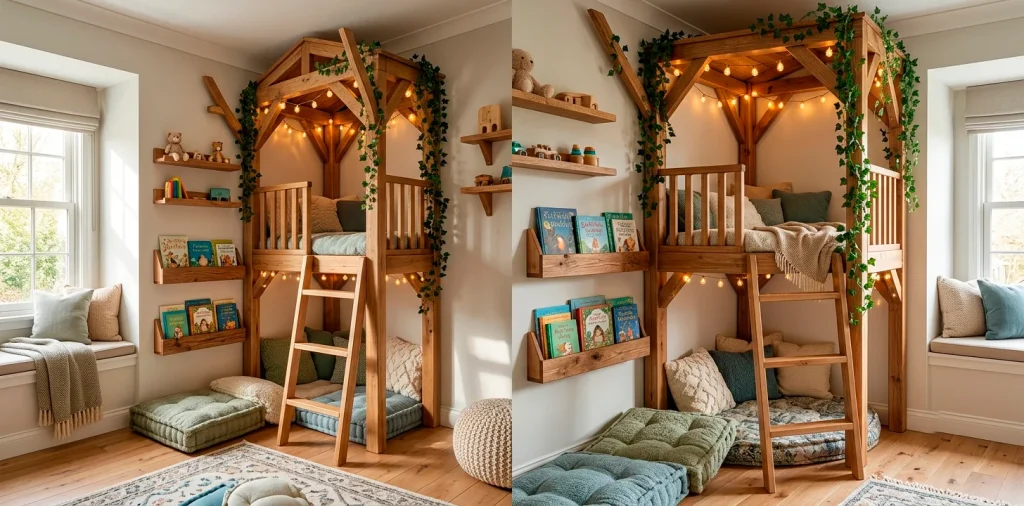 Cozy indoor treehouse reading nook in a kids bedroom with fairy lights, wood trim, and plush cushions.