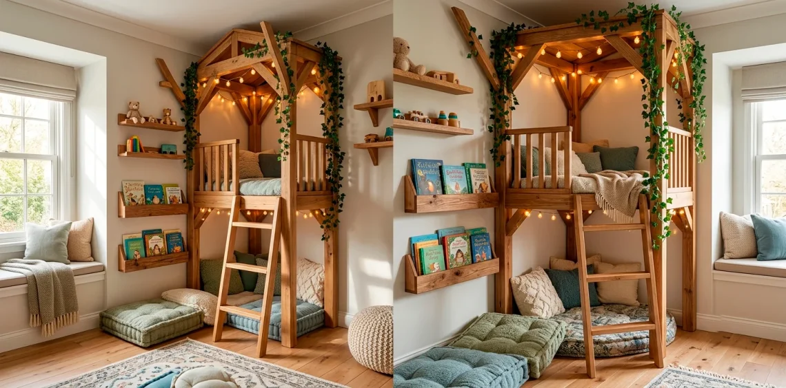 Cozy indoor treehouse reading nook in a kids bedroom with fairy lights, wood trim, and plush cushions.