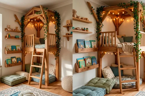 Cozy indoor treehouse reading nook in a kids bedroom with fairy lights, wood trim, and plush cushions.