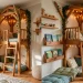 Cozy indoor treehouse reading nook in a kids bedroom with fairy lights, wood trim, and plush cushions.