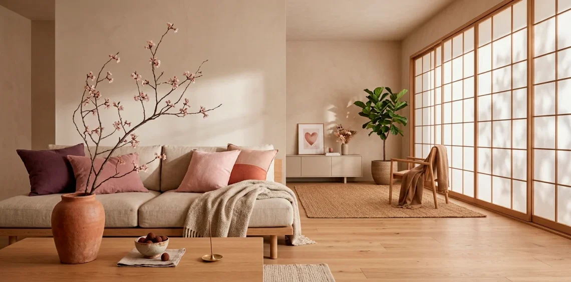 Serene Japandi style living room with earthy Valentine's Day decor and light oak furniture