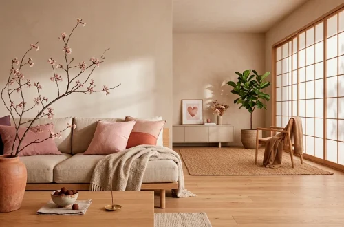 Serene Japandi style living room with earthy Valentine's Day decor and light oak furniture