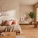 Serene Japandi style living room with earthy Valentine's Day decor and light oak furniture