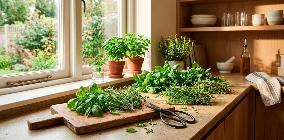 Freshly harvested indoor herbs sitting on a kitchen counter ready for drying and storage