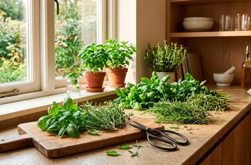 Freshly harvested indoor herbs sitting on a kitchen counter ready for drying and storage