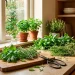 Freshly harvested indoor herbs sitting on a kitchen counter ready for drying and storage