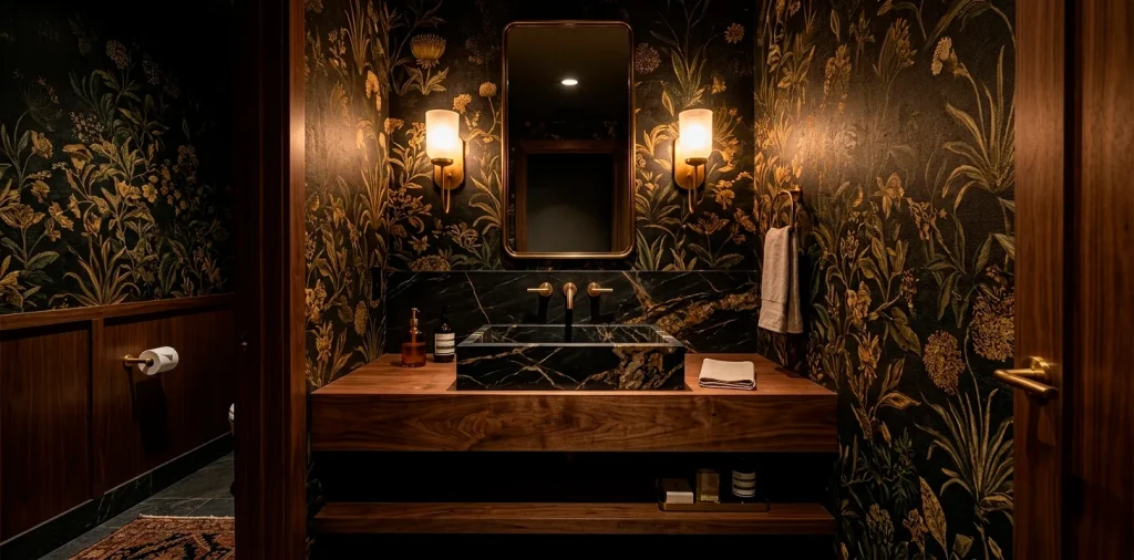 Luxurious hotel-inspired powder room with floating vanity and gold sconces