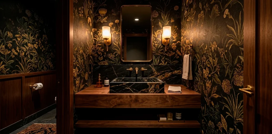 Luxurious hotel-inspired powder room with floating vanity and gold sconces