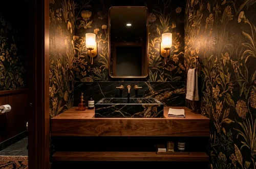 Luxurious hotel-inspired powder room with floating vanity and gold sconces