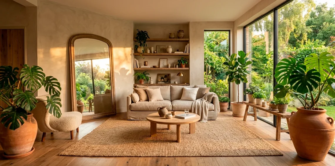 Beautiful sunlit living room featuring eco-friendly summer decor, natural linen furniture, and terracotta potted plants.