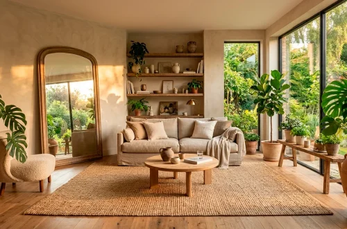 Beautiful sunlit living room featuring eco-friendly summer decor, natural linen furniture, and terracotta potted plants.