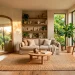 Beautiful sunlit living room featuring eco-friendly summer decor, natural linen furniture, and terracotta potted plants.