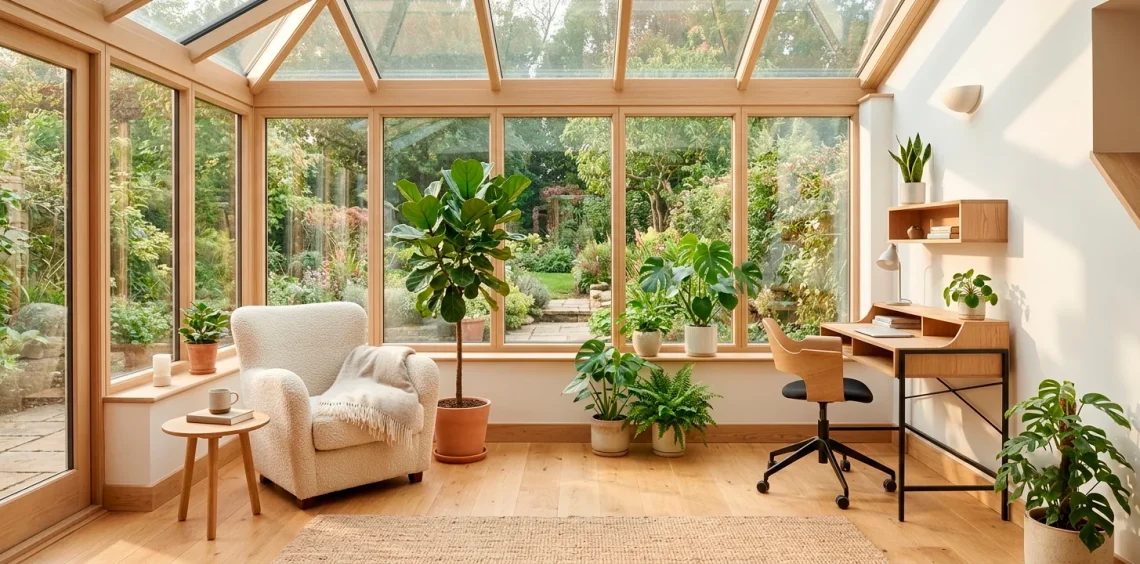 Wide view of a bright small sunroom featuring space-saving furniture and lush indoor plants.