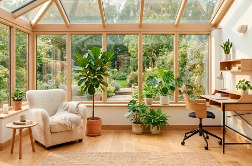 Wide view of a bright small sunroom featuring space-saving furniture and lush indoor plants.