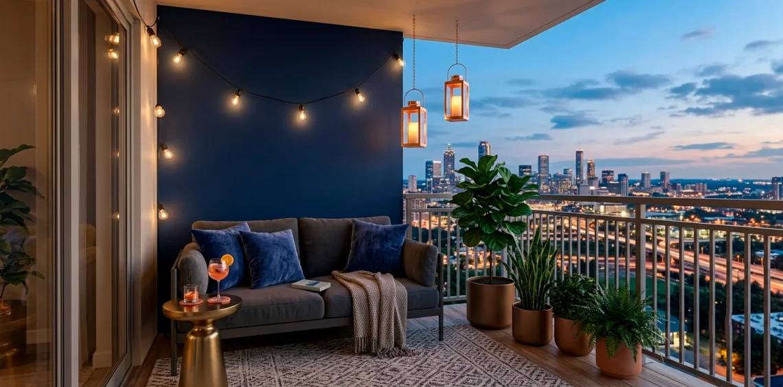 Chic apartment balcony at dusk with navy blue walls, brass accent table, and glowing copper lanterns.