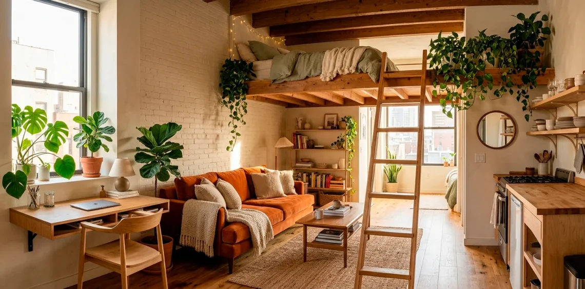 Wide view of a bright, well-organized mini studio apartment featuring modern furniture and plants.