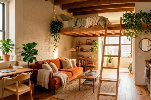Wide view of a bright, well-organized mini studio apartment featuring modern furniture and plants.