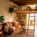 Wide view of a bright, well-organized mini studio apartment featuring modern furniture and plants.