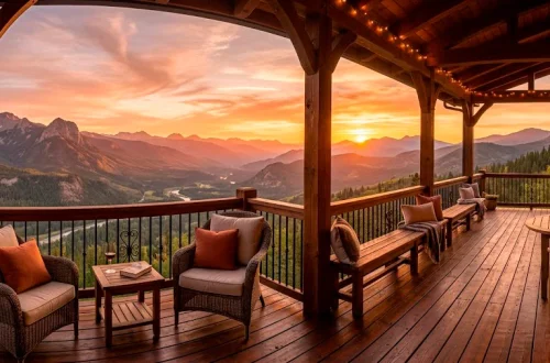 Wide horizontal view of a rustic balcony with wood and metal railings overlooking a mountain sunset