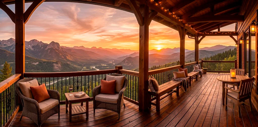 Wide horizontal view of a rustic balcony with wood and metal railings overlooking a mountain sunset