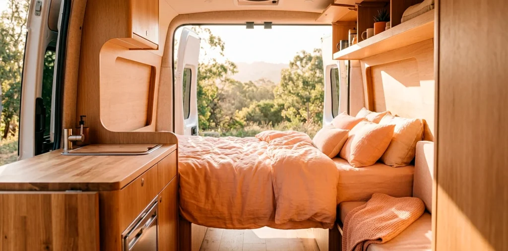 Modern camper van interior decorated with soft peach fuzz bedding and warm wood accents under bright natural light.