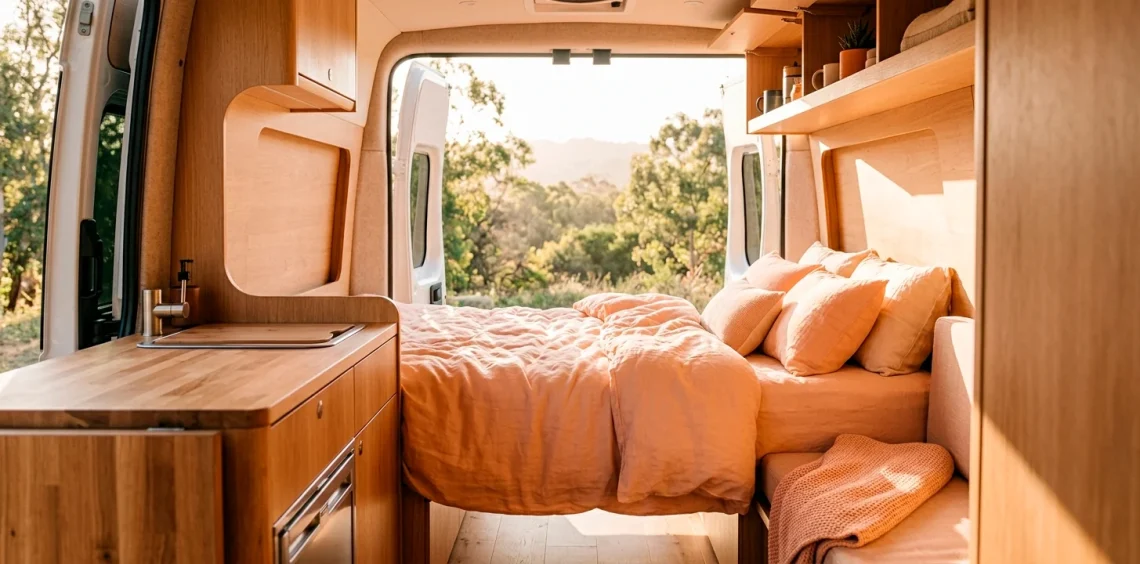 Modern camper van interior decorated with soft peach fuzz bedding and warm wood accents under bright natural light.
