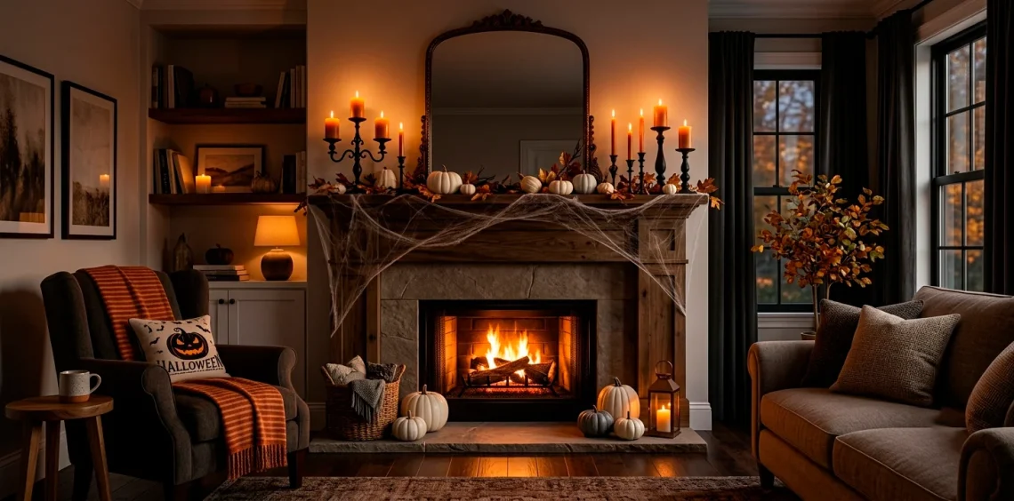 Beautifully styled DIY Halloween mantel featuring black iron candle holders, glowing orange candles, faux cobwebs, and mini white pumpkins.