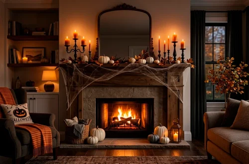 Beautifully styled DIY Halloween mantel featuring black iron candle holders, glowing orange candles, faux cobwebs, and mini white pumpkins.