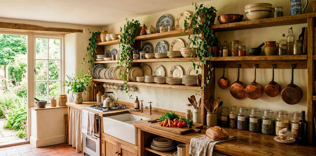 Cozy cottagecore kitchen featuring rustic reclaimed wood open shelving styled with vintage ceramics and trailing plants