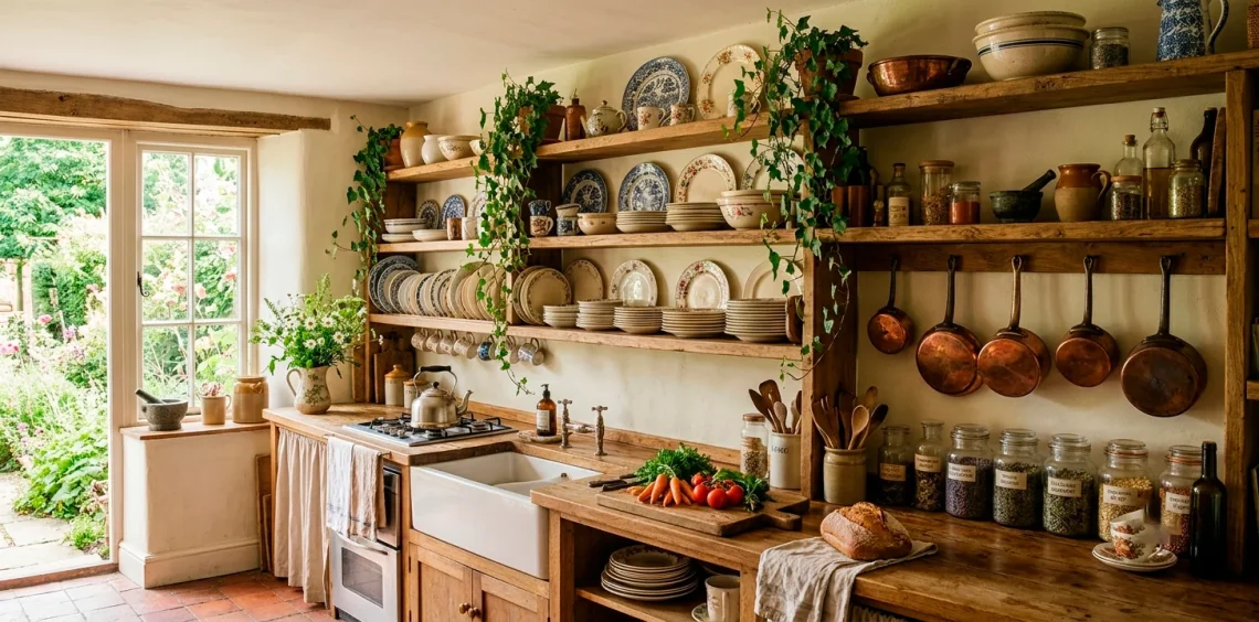 Cozy cottagecore kitchen featuring rustic reclaimed wood open shelving styled with vintage ceramics and trailing plants