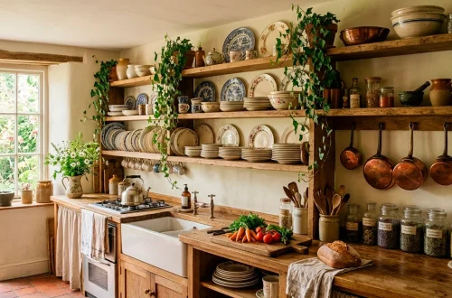 Cozy cottagecore kitchen featuring rustic reclaimed wood open shelving styled with vintage ceramics and trailing plants