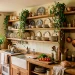 Cozy cottagecore kitchen featuring rustic reclaimed wood open shelving styled with vintage ceramics and trailing plants