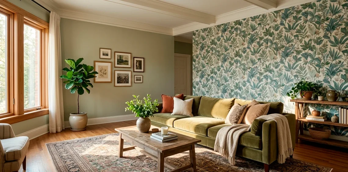 Elegant living room featuring sage green paint perfectly coordinated with botanical wallpaper.