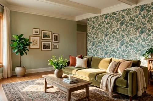 Elegant living room featuring sage green paint perfectly coordinated with botanical wallpaper.