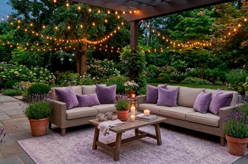 Calming backyard patio decorated with soft lavender accents and comfortable outdoor seating