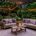 Calming backyard patio decorated with soft lavender accents and comfortable outdoor seating