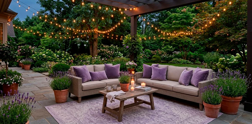 Calming backyard patio decorated with soft lavender accents and comfortable outdoor seating
