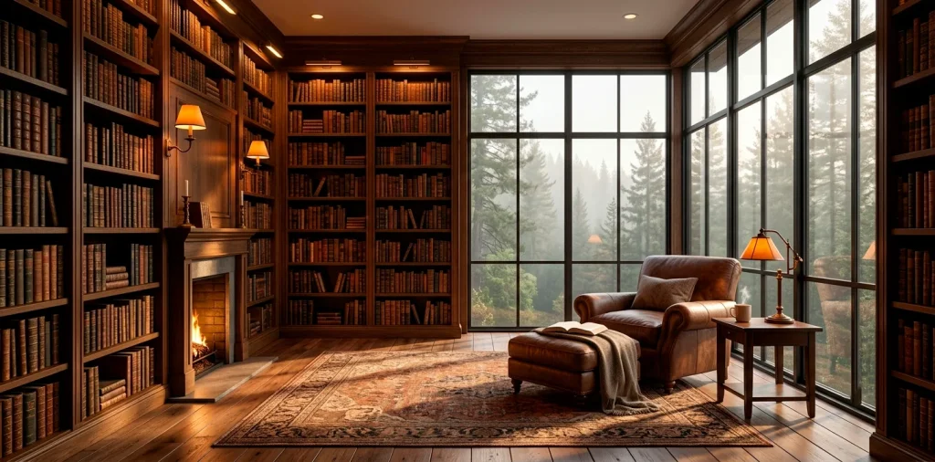 Luxurious home library featuring floor-to-ceiling windows, dark wood bookshelves, and a stunning pine forest view.