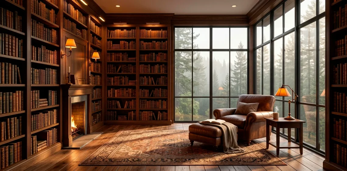 Luxurious home library featuring floor-to-ceiling windows, dark wood bookshelves, and a stunning pine forest view.