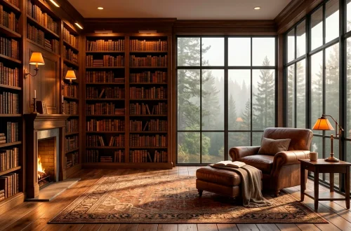 Luxurious home library featuring floor-to-ceiling windows, dark wood bookshelves, and a stunning pine forest view.