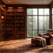 Luxurious home library featuring floor-to-ceiling windows, dark wood bookshelves, and a stunning pine forest view.